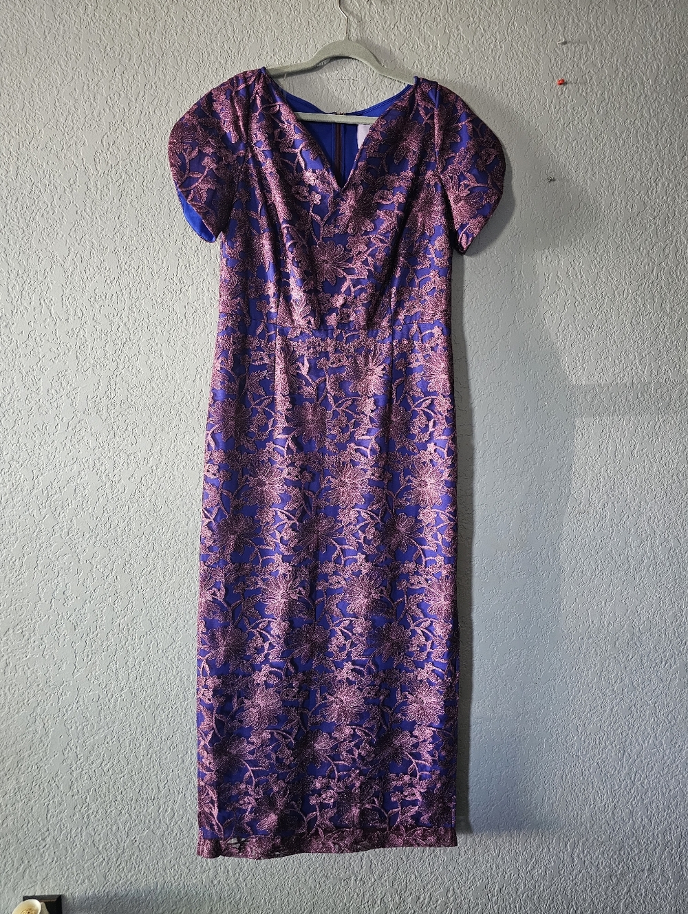 JS Collections Purple and Pink Floral Lace Midi Sheath Dress
